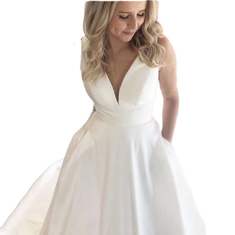 Comercio exterior europeo y americano Amazon AliExpress deseo nuevo elegante vestido de novia con cuello en V sin mangas satén cola soporte personalización image 3
