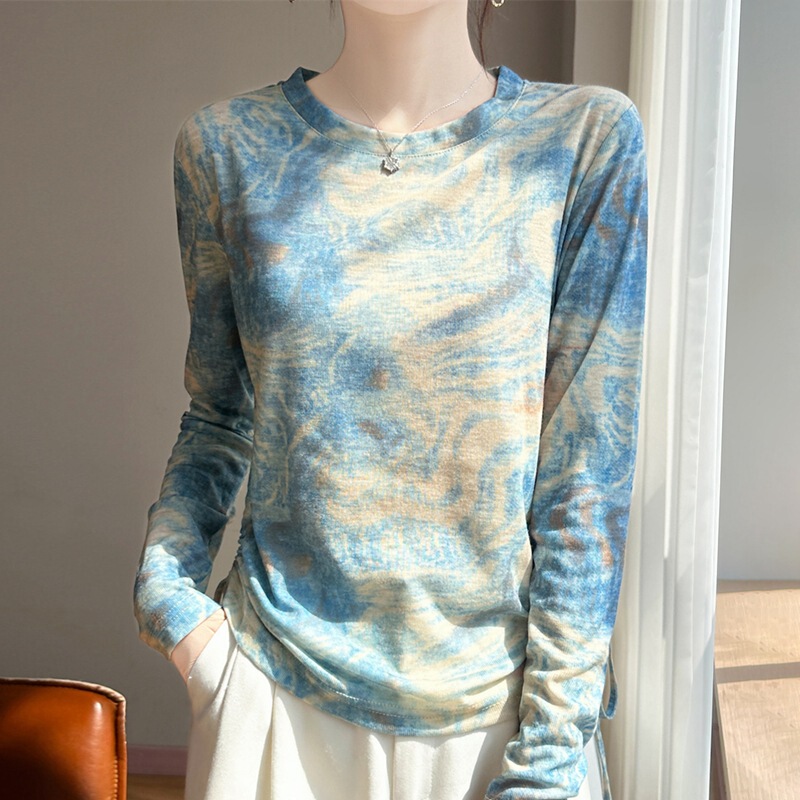 2026 Spring/Summer Women's New Short Loose Round Neck Retro Print Thin Long Sleeve Sunscreen T-Shirt Knitted Base Shirt
