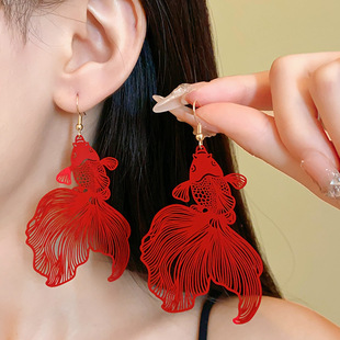 Chinese style spray painted big tail koi fish ear hook new Chinese style fashionable exaggerated earrings personalized new retro earrings for women