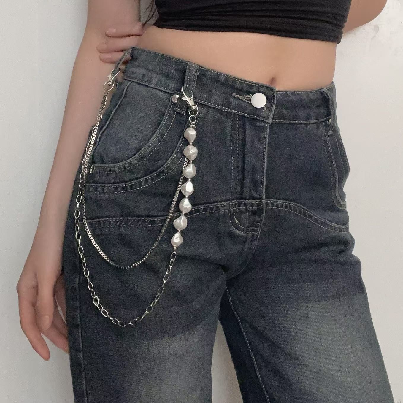 时尚个性不规则珍珠裤链欧美嘻哈潮酷设计牛仔裤链条时尚个性配饰