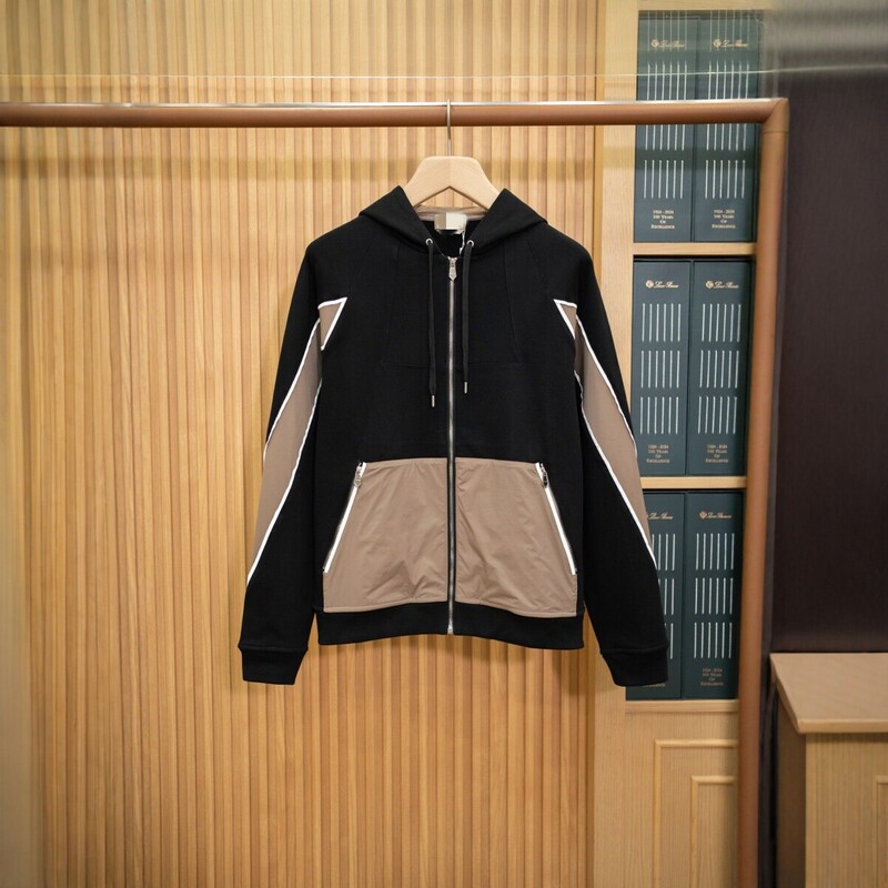 2026HM high-quality autumn and winter new men's color-block hooded zip-up sweatshirt with contrasting color raglan sleeves for sports and leisure