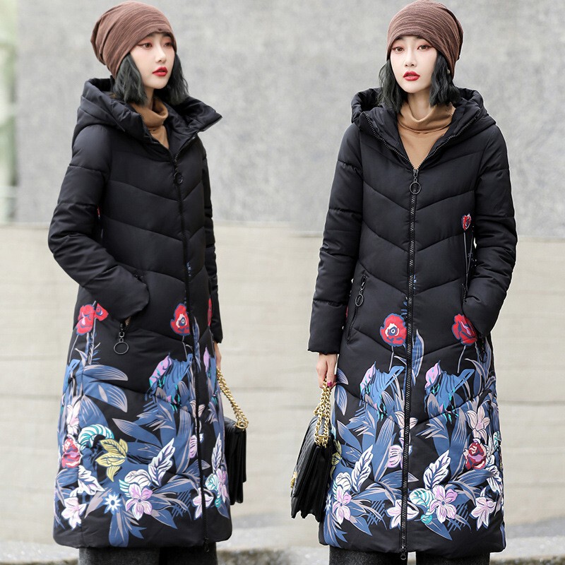 Plus size foreign trade supply printing retro elegant long over-the-knee hooded 2023 Winter fashion cotton-padded coat Plus size foreign trade supply printing retro elegant long over-the-knee hooded 2023 Winter fashion cotton-padded coat