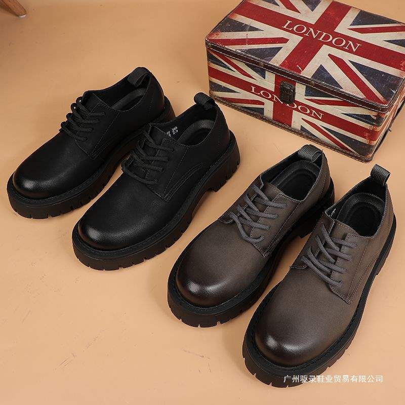 男士休闲皮鞋软皮商务系带大头鞋韩版时尚厚底男鞋商务英伦复古鞋