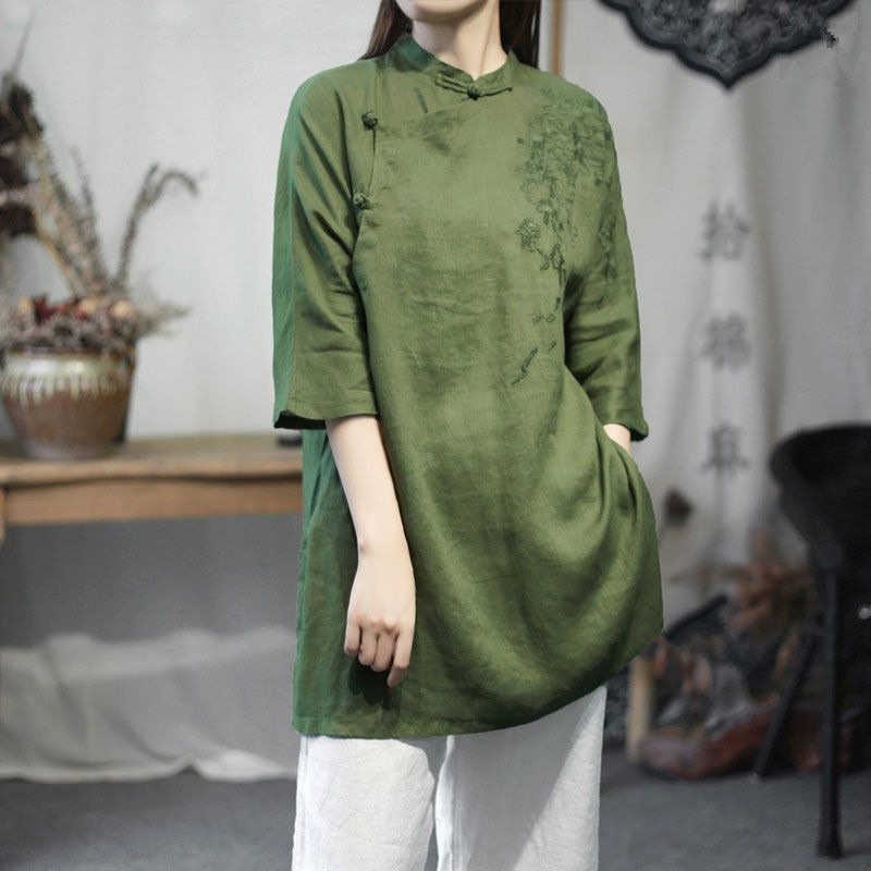 夏用ミドル丈綿麻唐スーツトップス刺繍入り婦人綿麻茶服中国風ボタン改良漢服禅服|undefined