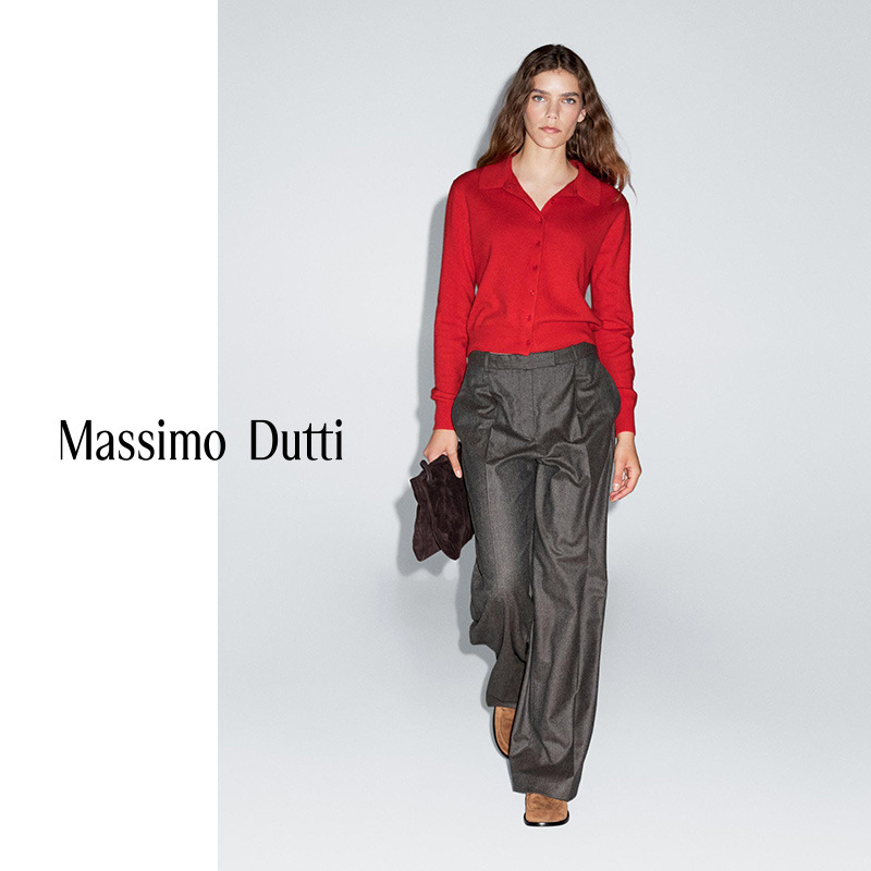 Autumn and Winter New Style Massimodutti2026 Women's Workwear Style Red Short Polo Collar Knitted Cardigan Autumn and Winter New Style Massimodutti2026 Women's Workwear Style Red Short Polo Collar Knitted Cardigan
