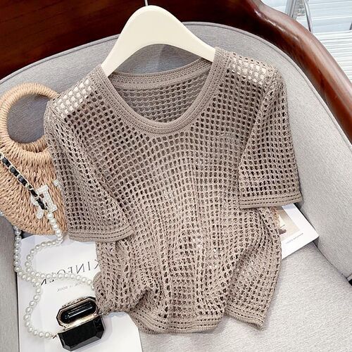 Summer hollow out thin short-sleeved women's Korean style design pure desire loose blouse all-match round neck knitted top shirt