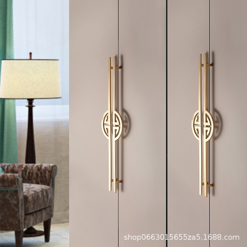 新中式衣櫃門拉手黃古銅櫥櫃門把手抽屜鞋櫃手柄加長拉手對裝金色