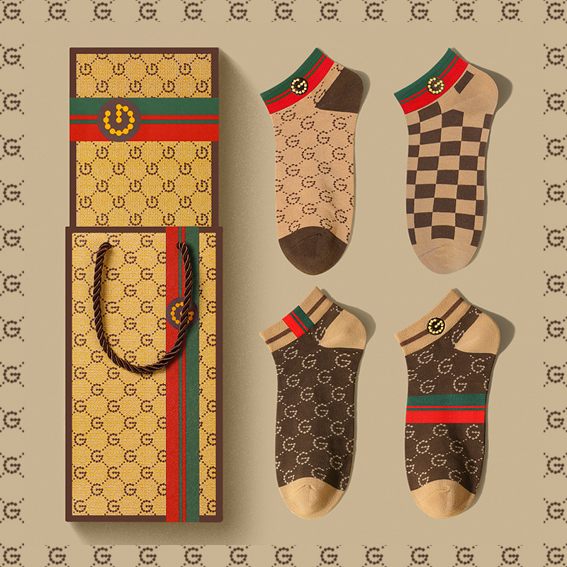 Authentic Gd Gift Box Classic Retro Men's Socks Gdad Stripesd Trendyy Versatile Cotton Socks Printed Short Socks