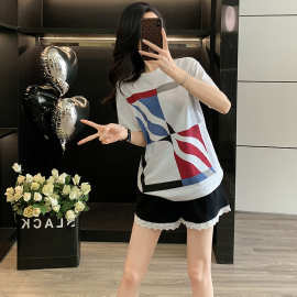 休闲短裤运动套装女夏季宽松松弛感时尚印花T恤跑步服薄款两件套