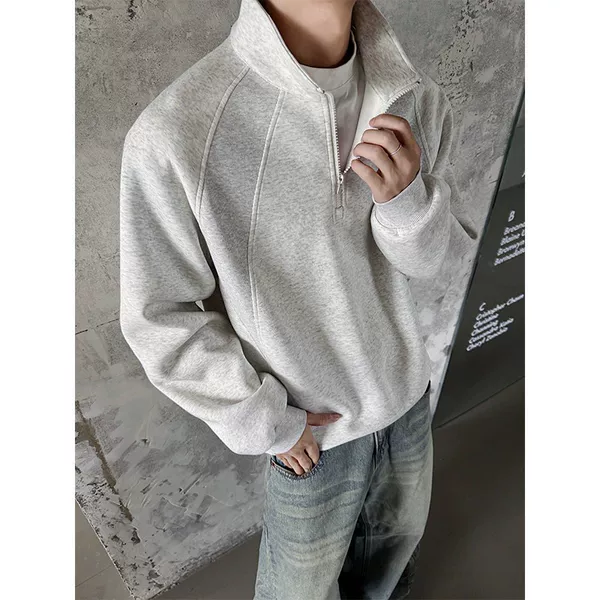 Heavyweight Patchwork Half-Zip Stand Collar Sweatshirt for Men, Autumn Trendy Brand Design Loose Casual Stylish Sweatshirt for Men