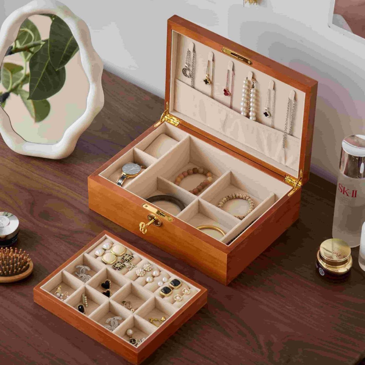 Solid Wood Jewelry Box with Lock, Exquisite Multi-Layer Jewelry Wooden Storage Box, Gold Necklace Ring Jewelry Solid Wood Wooden Box