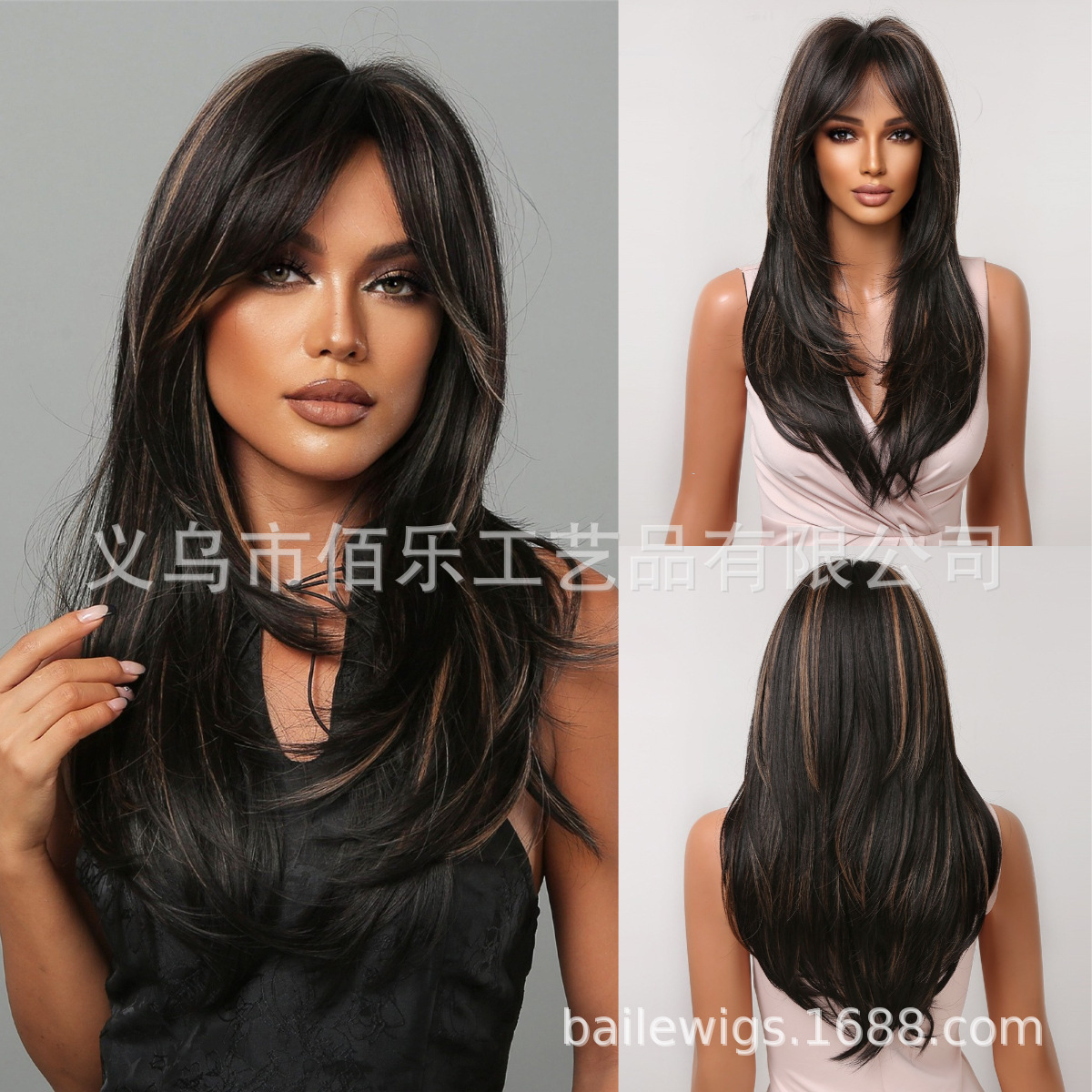 Nuevo negro Rosa flequillo larga recta gradiente de pelo fibra química SEDA NATURAL peluca femenina tocados pelucas fabricante en stock image 36