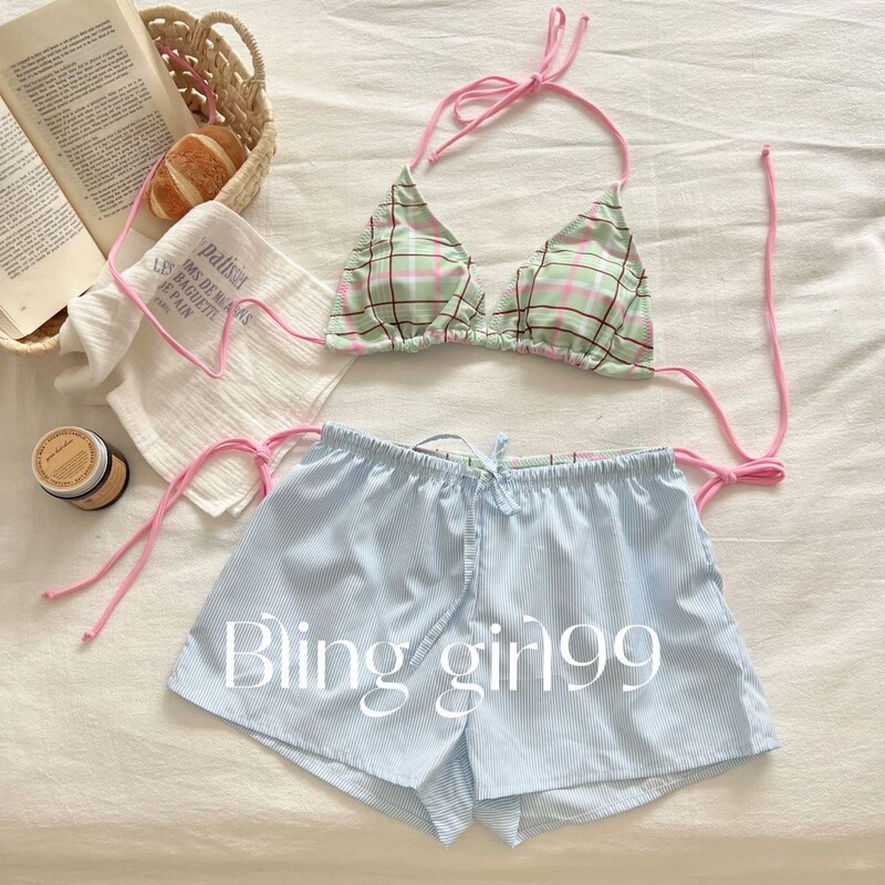 [Keluli] Sweet and Spicy Girl Retro Pink Green Plaid Triangle Bikini Small Breast Strappy Swimsuit Swimsuit Bikini