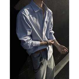 日系蓝白条纹衬衫男2026春秋复古长袖衬衣新品感叠穿内搭黑色蓝格