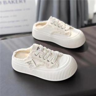 Lazy Closed-Toe Mules 2025 Spring New Platform Thick-Soled Popular Beggar Biscuit Canvas Shoes