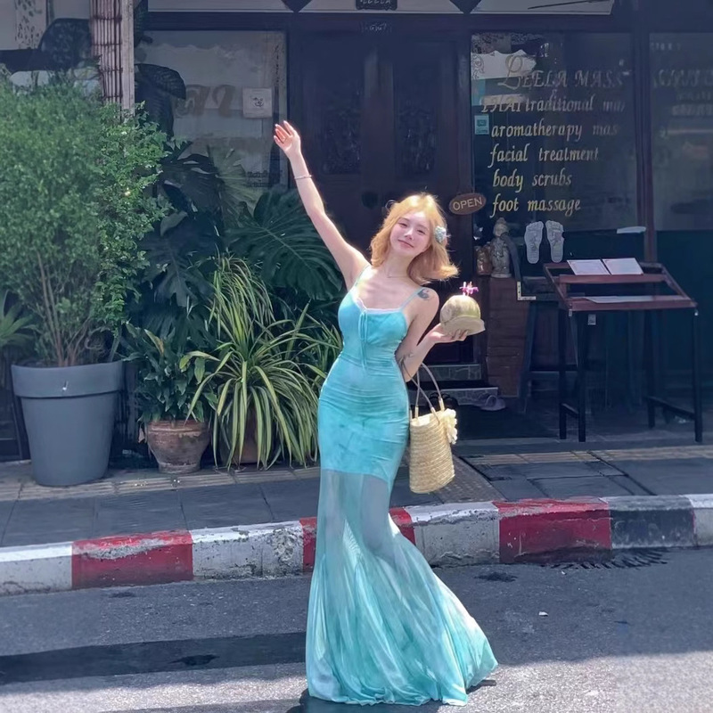Lace Stitching Sling dress Women's Summer Vacation Slim-fit Fishtail Skirt Waist Mesh Skirt Hip-wrap Dress