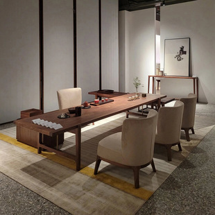 Suo Mao New Chinese Style Black Walnut Tea Table and Chair Set Zen Solid Wood Desk Kung Fu Tea Table Tea Room
