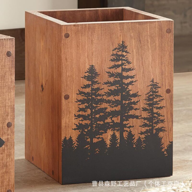 Black Forest Decorative Pine Forest Wooden Scrap Basket Country Style Bathroom Trash Can Storage Garbage with Pine Tree Picture
