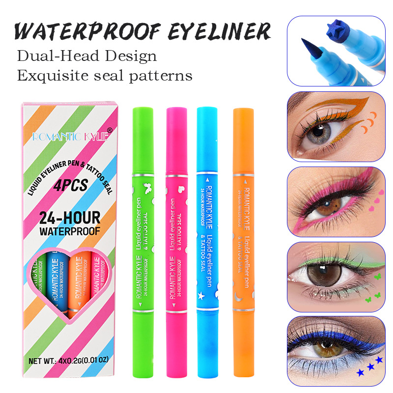 Cross-Border New Dual-Head Four-Color Stamp Eyeliner Pen, Long-Lasting Waterproof, with Heart and Plum Blossom Embellishments for the Corners of the Eyes