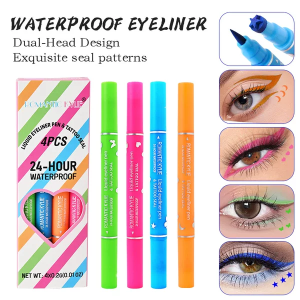 Cross-Border New Dual-Head Four-Color Stamp Eyeliner Pen, Long-Lasting Waterproof, with Heart and Plum Blossom Embellishments for the Corners of the Eyes