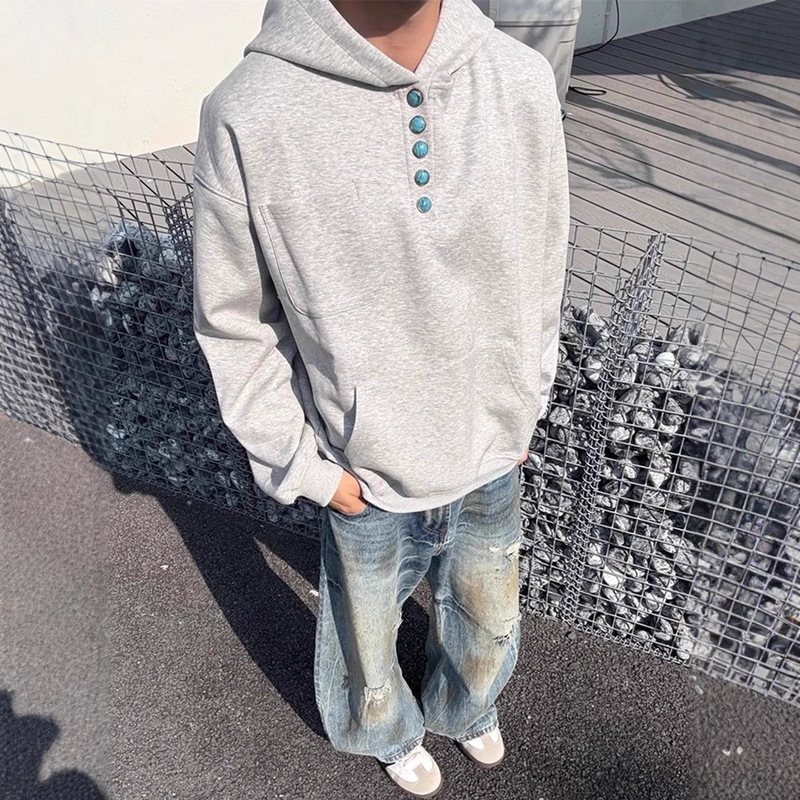 American Retro Turquoise Button Hooded Sweatshirt Men's Autumn and Winter High Street Heavy Stiff Cleanfit Couple Jacket