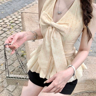 小香风蝴蝶结波点名媛千金上衣女夏感超好看法式超仙挂脖背心