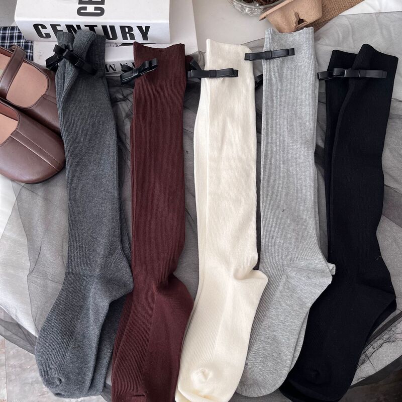 Zhiji Autumn/Winter New Korean Style Ins Simple Pu Leather Bowknot Slouch Socks Thickened Warm Mid-Calf Socks