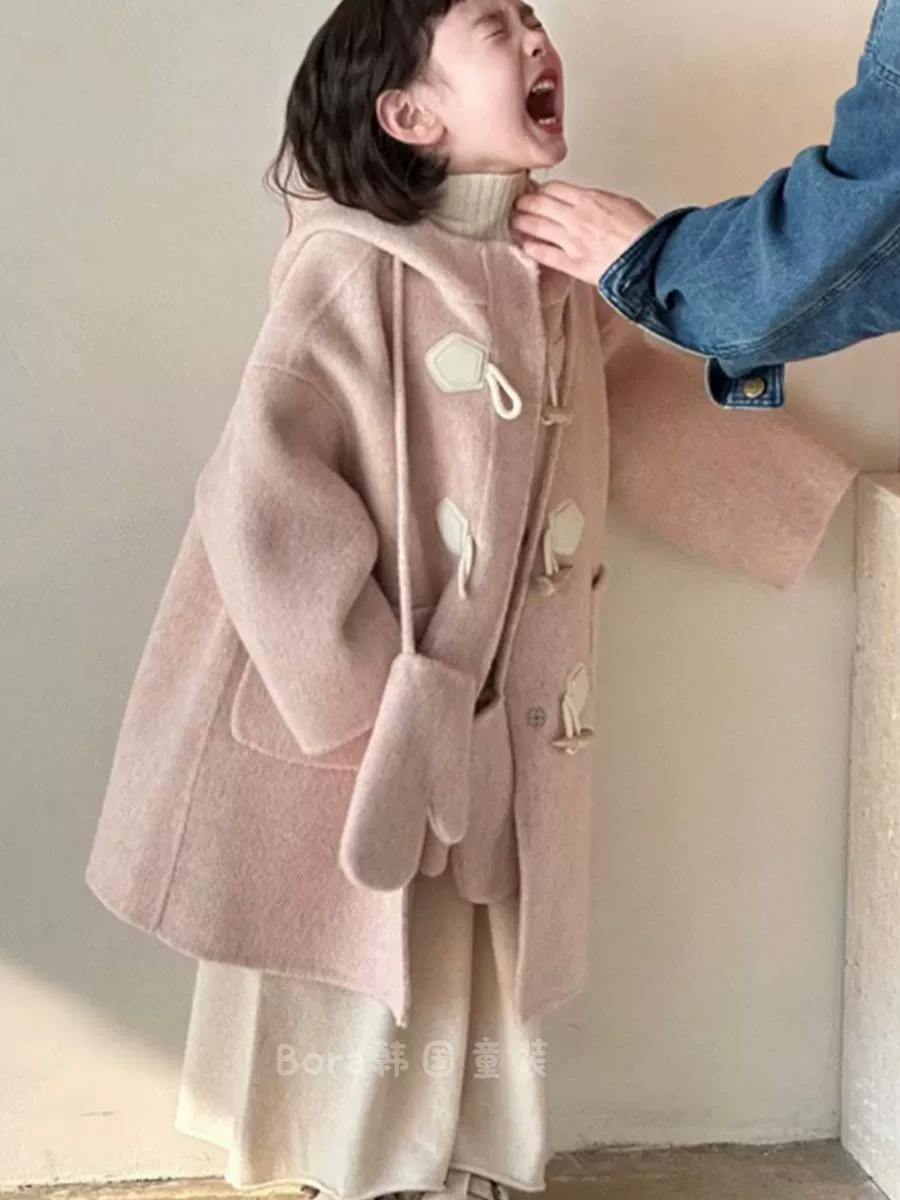 Двусторонняя кашемировая верхняя одежда для девочек, зима 2024, новый стиль, шерстяная верхняя одежда в корейском стиле для детей старшего возраста