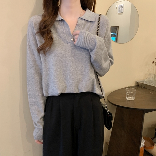 Early autumn thin version polo collar inner long-sleeved base knit top loose lazy style outerwear sweater for women autumn and winter