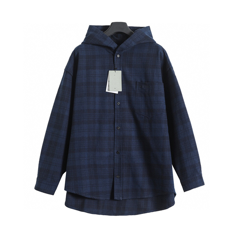Haute Couture Paris Men's and Women's Casual Navy Plaid Flannel Hooded Shirt Jacket Loose Spring and Autumn Loose Cross-Border