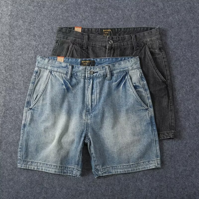 Summer Pure Foreign Trade Three-Point Jeans for Men American Retro Washed Distressed Trendy Slim Straight Casual Cross-Border