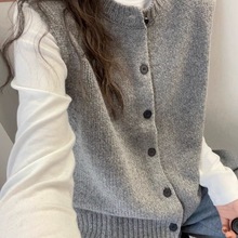 春秋款新款圆领单排扣无袖针织衫马甲女外套韩版别致外穿灰色背心