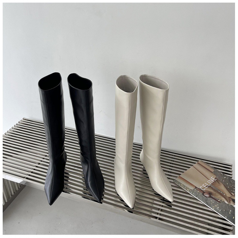 2024 Spring and Autumn Season New Versatile Simple Fashion Wide Korean Version Pointed Sleeve High Boots Soft Leather_voghion.com