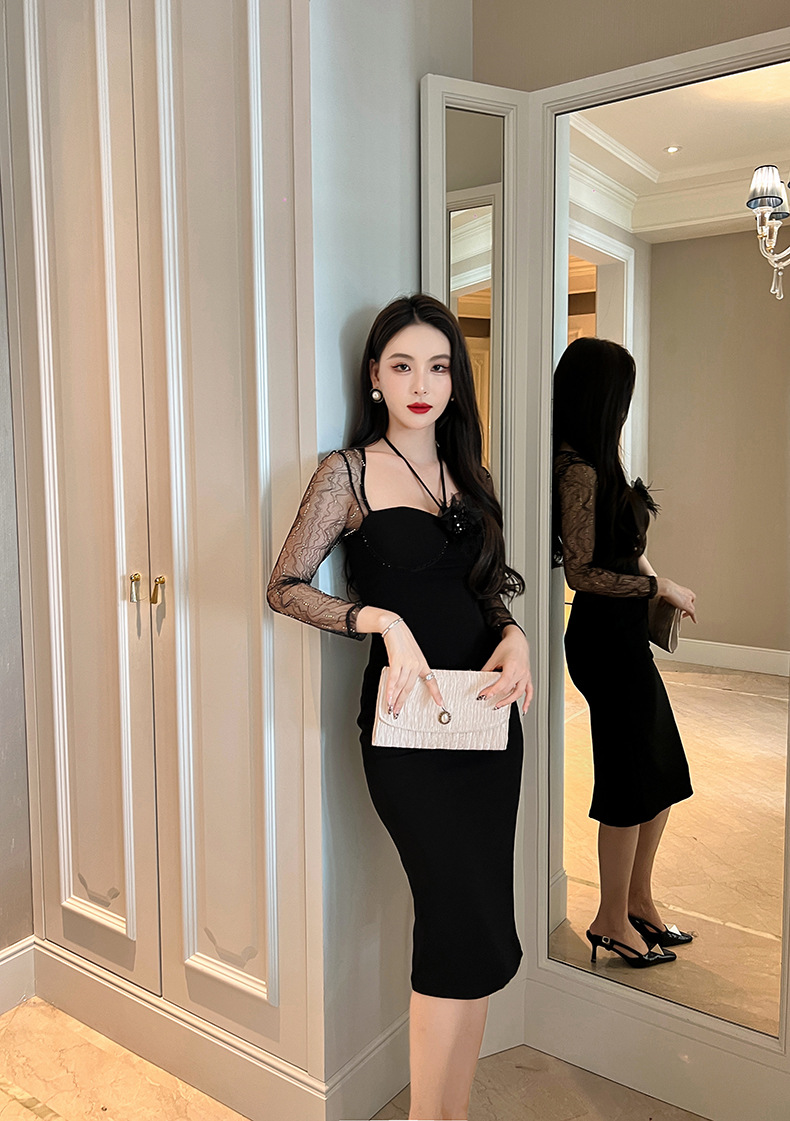 Đầm dài dáng ôm cổ halter phối lưới phong cách quý tộc — Màu đen chi tiết 5