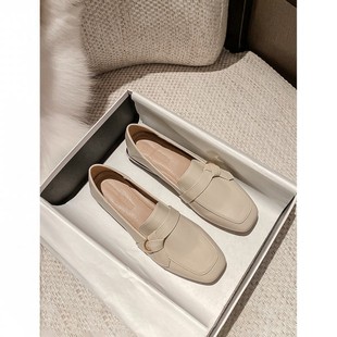 Cowhide Version_2025 Autumn and Winter New Style Slip-On Small Leather Shoes Square Toe Commuter Flats Shoes Thick Heel Slip-On Loafers