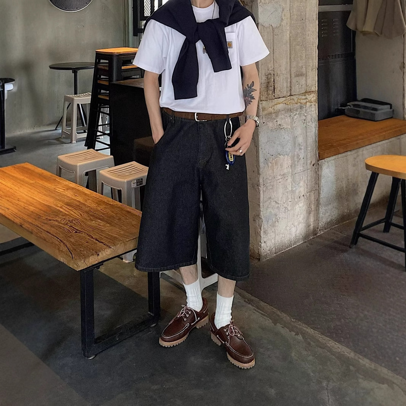 American Retro Jeans Men's High-End Niche Loose Casual Wide-Leg Denim Blue Cropped Pants Summer New Style