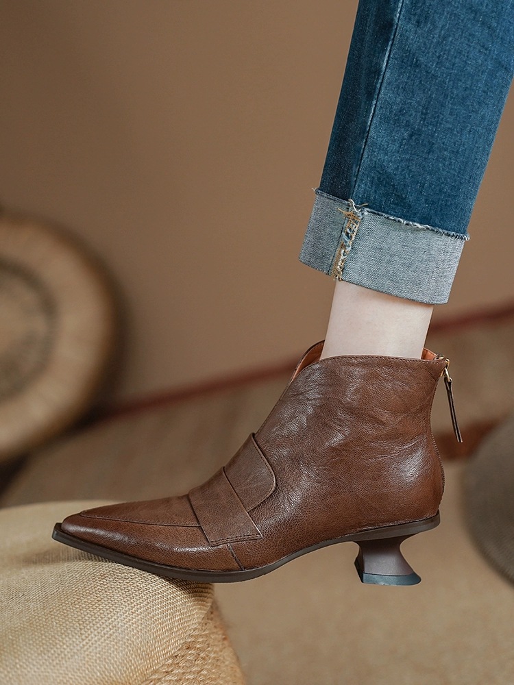 Retro Women's Ankle Boots Pointed Toe Low Heel Back Zipper Slimming Winter Style Unique Cowboy Boots_vogvips.com