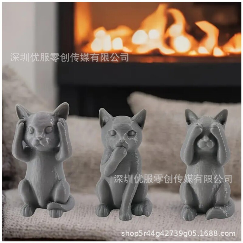 跨境爆款 3 Pcs Three Wise Dogs/Cats 装饰雕像猫雕像爱猫人士|undefined
