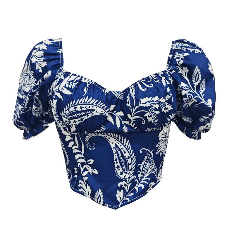 Venta caliente transfronteriza nuevo estilo francés retro estampado cuello cuadrado manga abullonada diseño sexy chaleco corto top