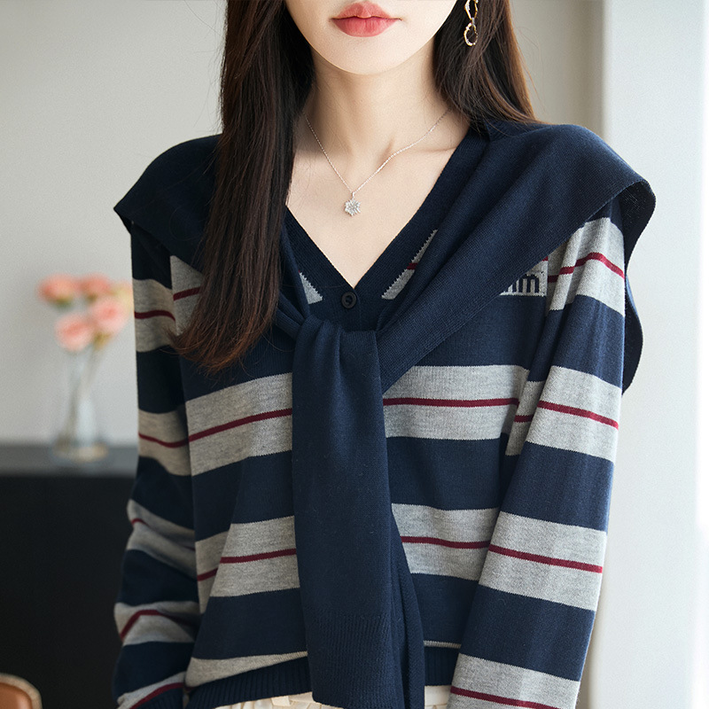 2025 Autumn New Popular Shawl Fake Two-Piece Striped Sweater Women's V-Neck Wool Sweater Loose Pullover