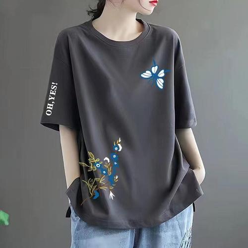 Women's Loose Fit Short Sleeve Round Neck Print T-Shirt - Mid-Age Mother's Casual Top, Ins Trendy Clearance Find
