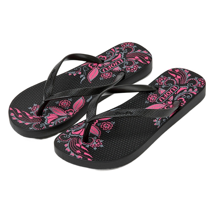 Rofu flip flops de las mujeres elegante nuevo verano al aire libre flip-flops antideslizante moda Zapatos de tacón de playa plano Negro