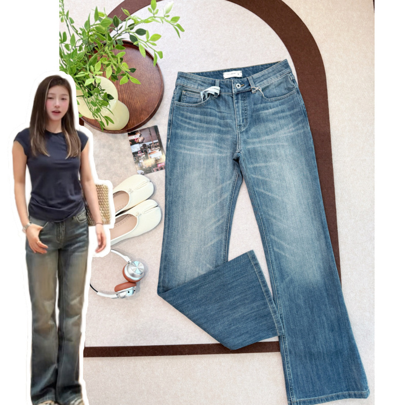 In Stock/Homegirl A*T2656L High-Quality Cotton Slightly Stretchy Low-Waist Slim-Fit Retro Flared Jeans