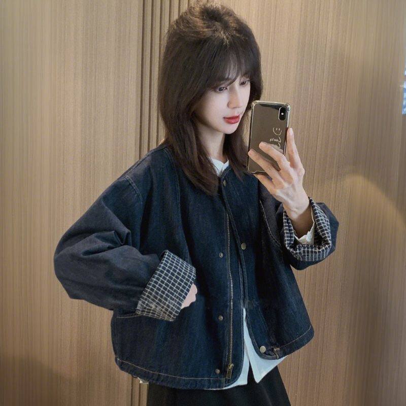 Áo khoác denim nữ dáng rộng cổ tròn tay dài viền cuộn họa tiết kẻ caro — Áo tay dài kẻ sọc xanh chi tiết 1
