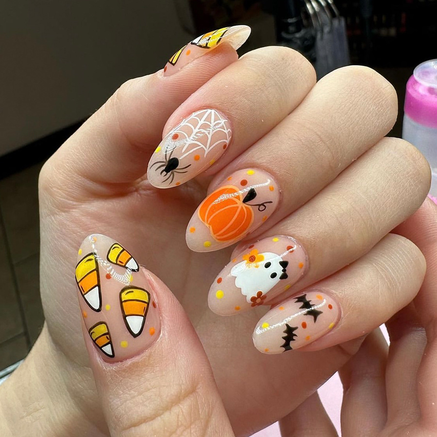Short oval bright almond spider web ghost pumpkin bat 20.24 million holy day nail art new wear armor 24 pieces_voghion.com