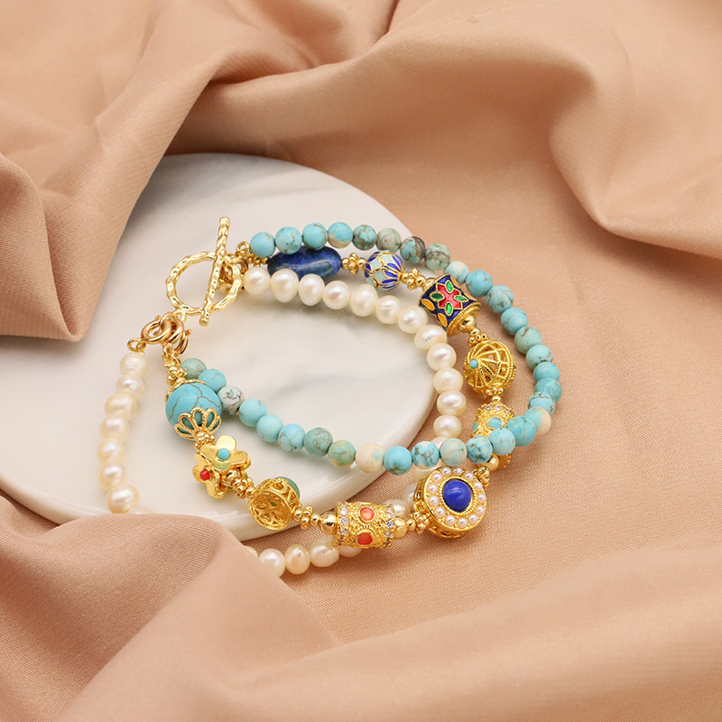 Pulsera de perlas de agua dulce natural para niñas pulseras de tres capas de cloisonné turquesa de alta calidad