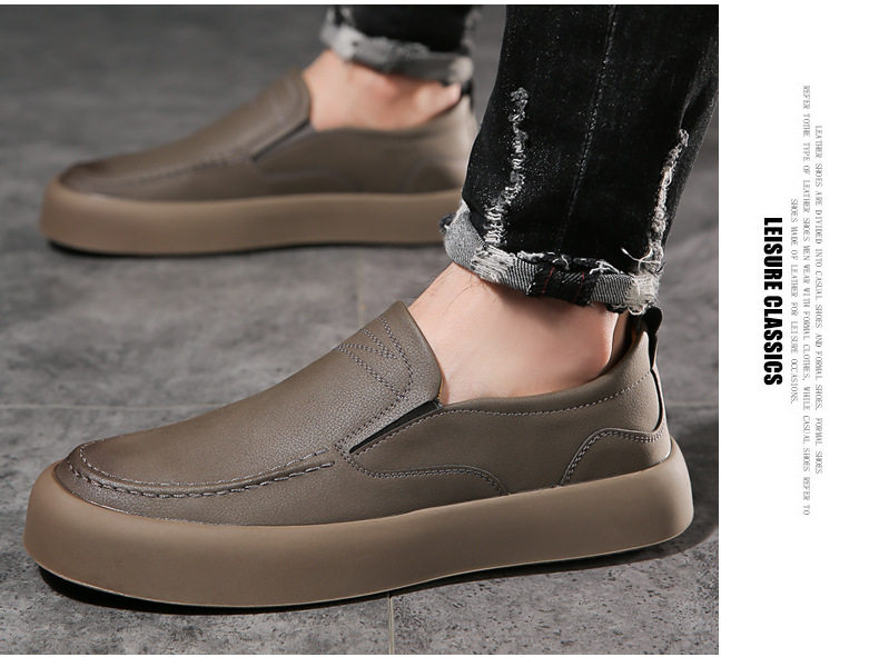 Giày nam lười đế bằng da PU phong cách công sở cổ điển, đế cao su mềm khâu tay thoáng khí — Màu nâu vàng, Màu xám chi tiết 17