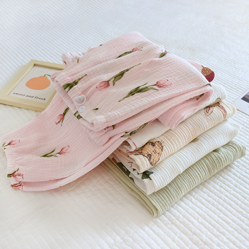 A variety of pregnant women's pajamas spring and autumn thin cotton crepe gauze adjustable belly large size postpartum summer home