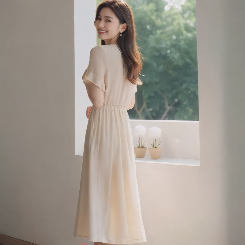 2025 新しい夏のスタイルシンプルな大きなフランススタイルの美しい V ネックシフォンドレスフリルスリーブミドル丈スカート女性のための|undefined