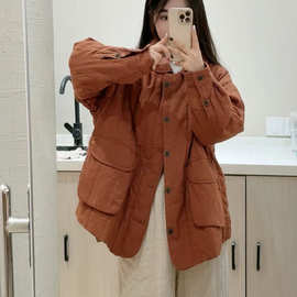 大口袋棉服女 2025冬新款复古宽松翻领亚麻夹棉保暖棉衣外套棉袄